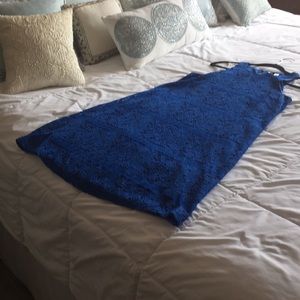 Blue A-line lace dress.